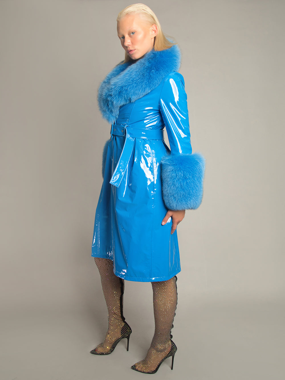 Blue Fox Fur Collar Cuff Belted Patent Leather Coat 4