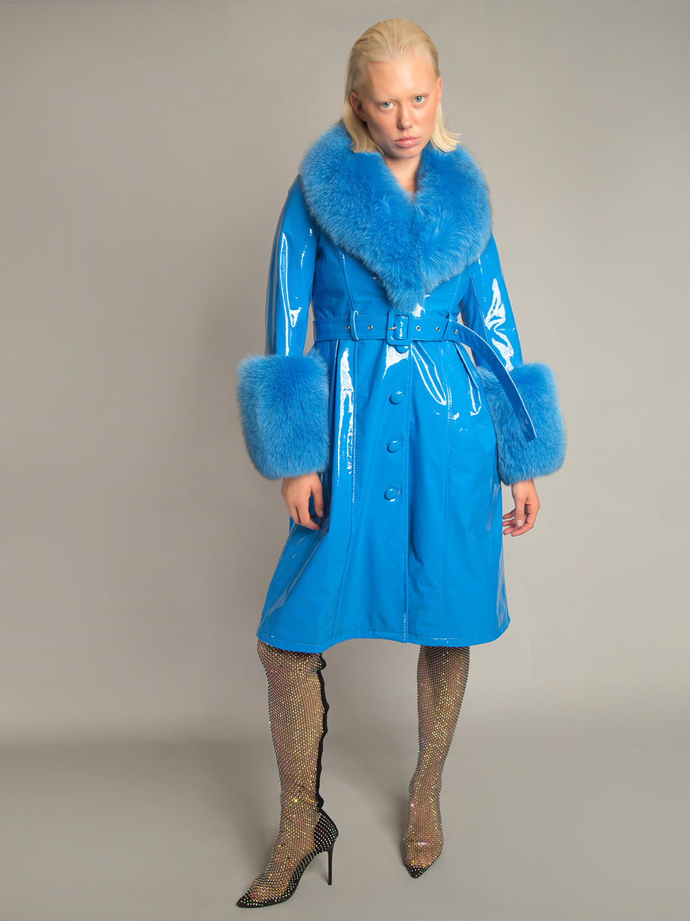 Blue Fox Fur Collar Cuff Belted Patent Leather Coat 2