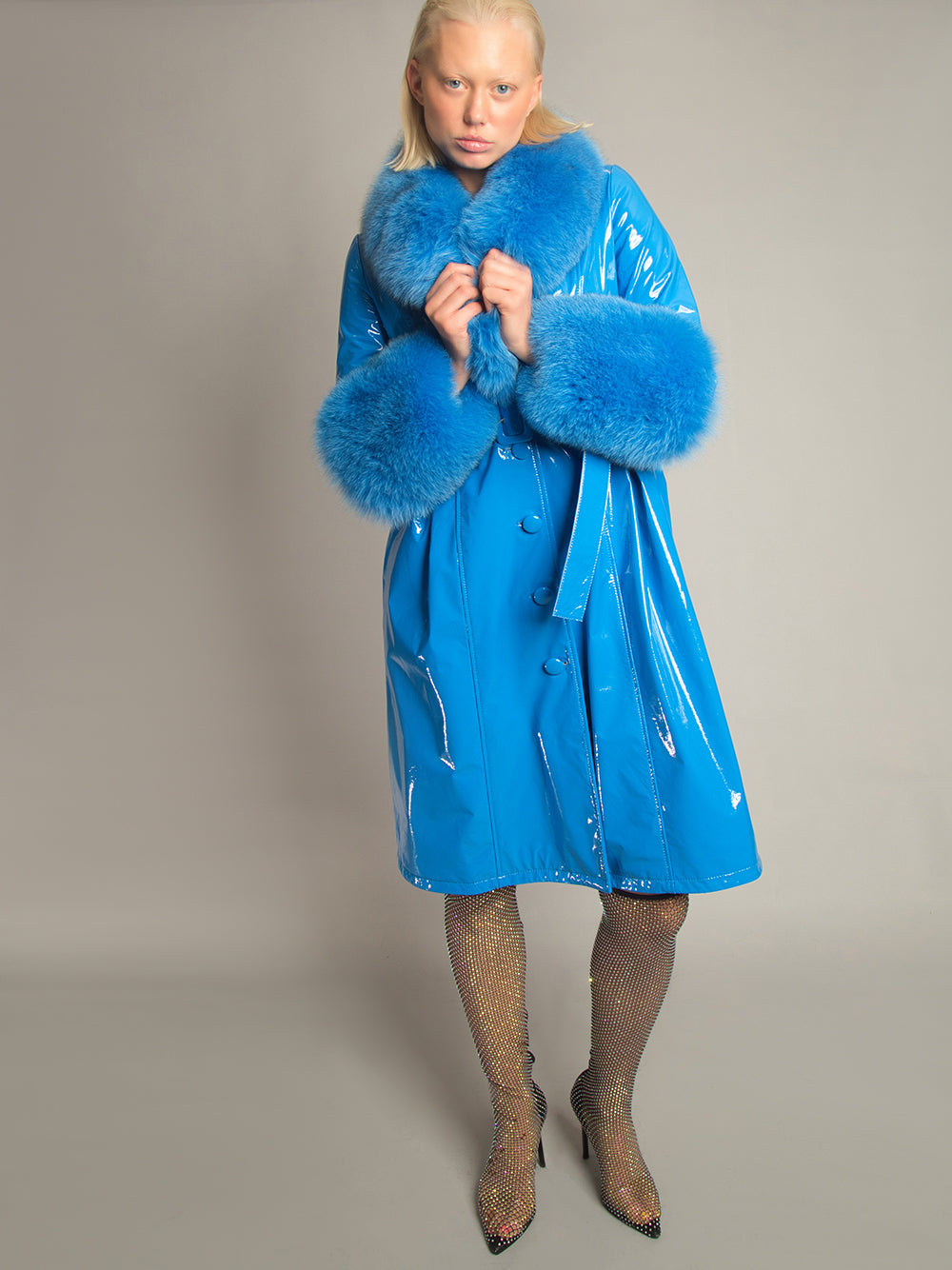Blue Fox Fur Collar Cuff Belted Patent Leather Coat 9