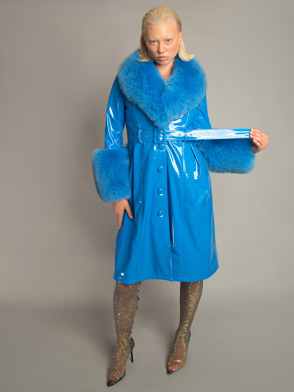 Blue Fox Fur Collar Cuff Belted Patent Leather Coat 5