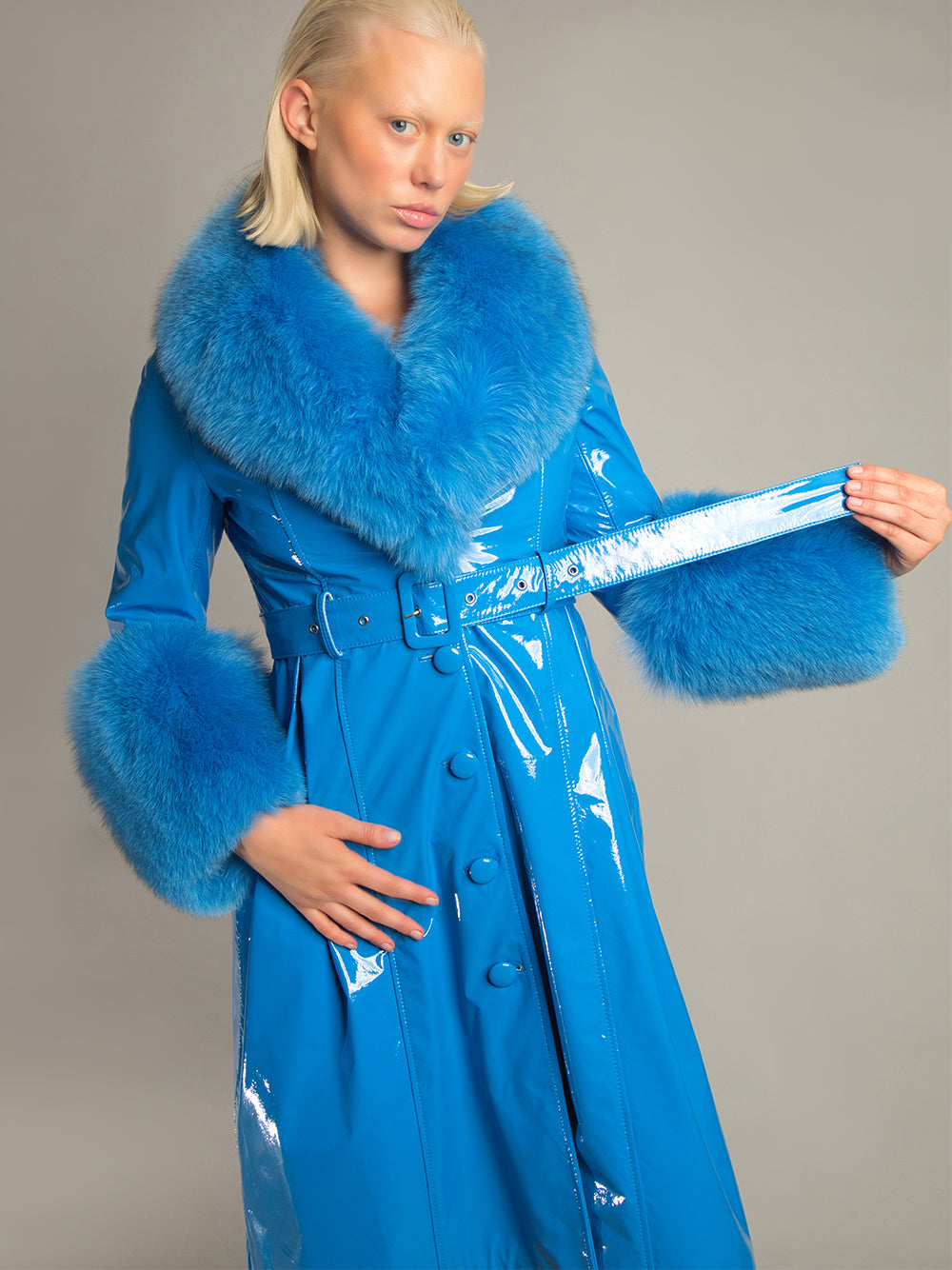 Blue Fox Fur Collar Cuff Belted Patent Leather Coat 10