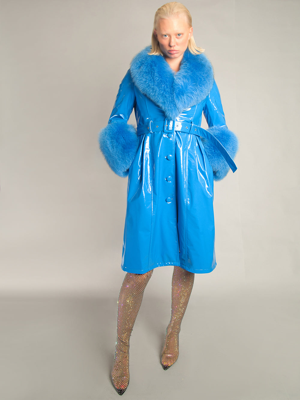 Blue Fox Fur Collar Cuff Belted Patent Leather Coat 7
