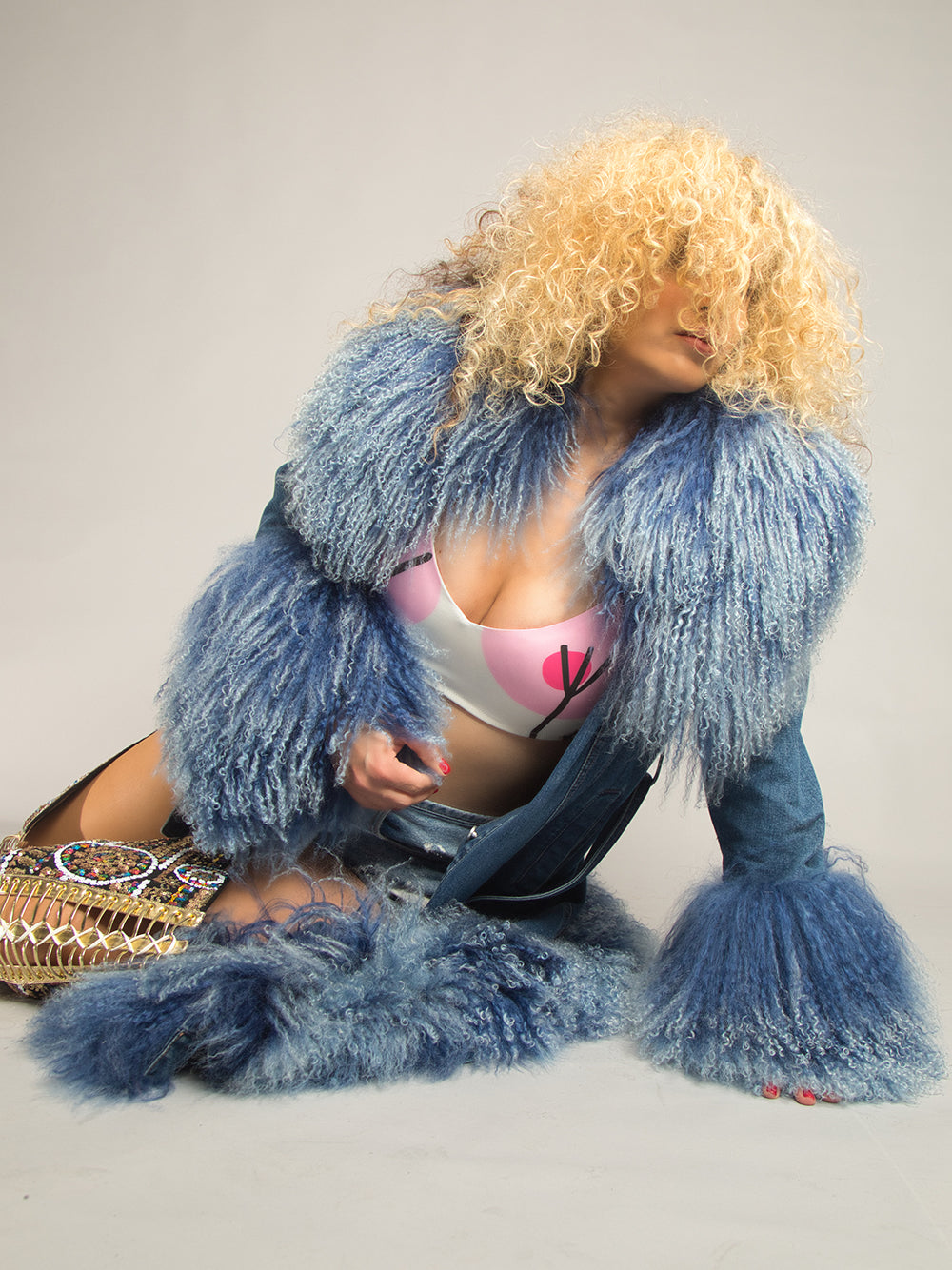 Denim Denim Shaggy Shearling Fur Collar Coat 5