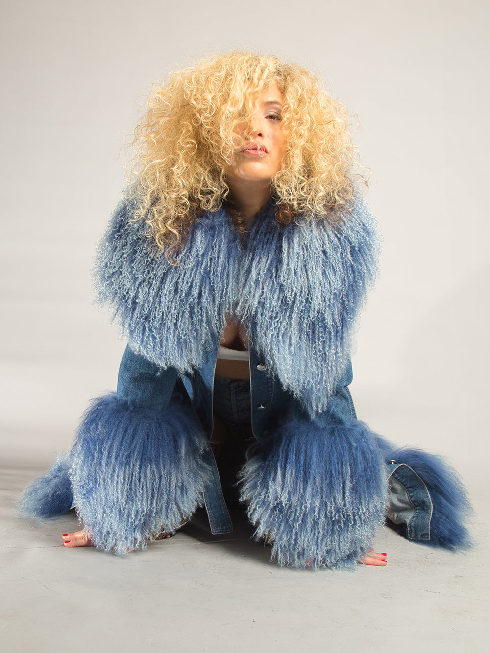 Denim Denim Shaggy Shearling Fur Collar Coat 9