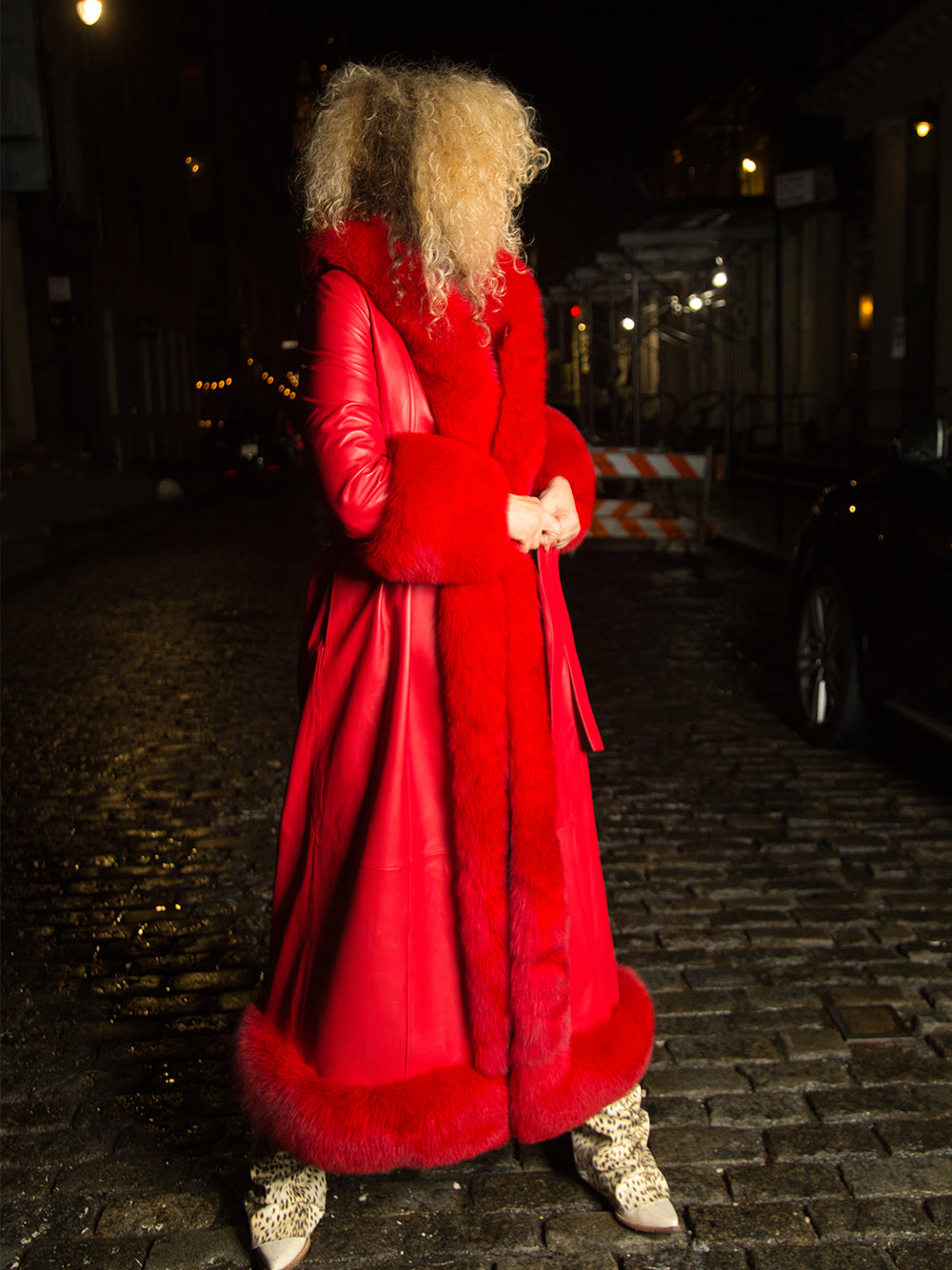 Red Faux Fur Trim Belted Leather Maxi Coat
