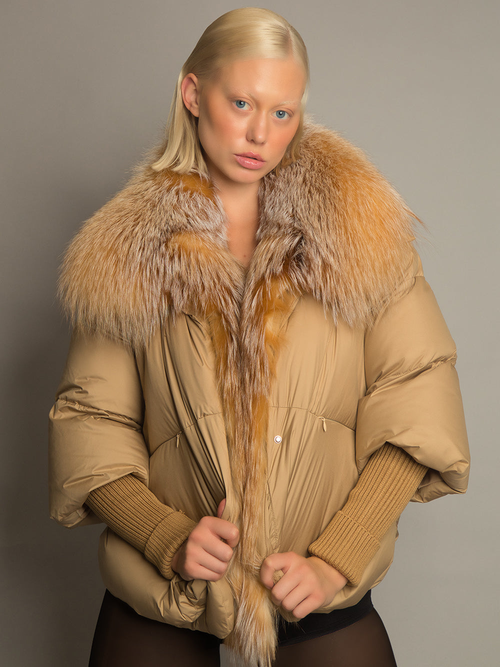 Tan Fur Shawl Collar Ribbed Knit Cuff Puffer Jacket