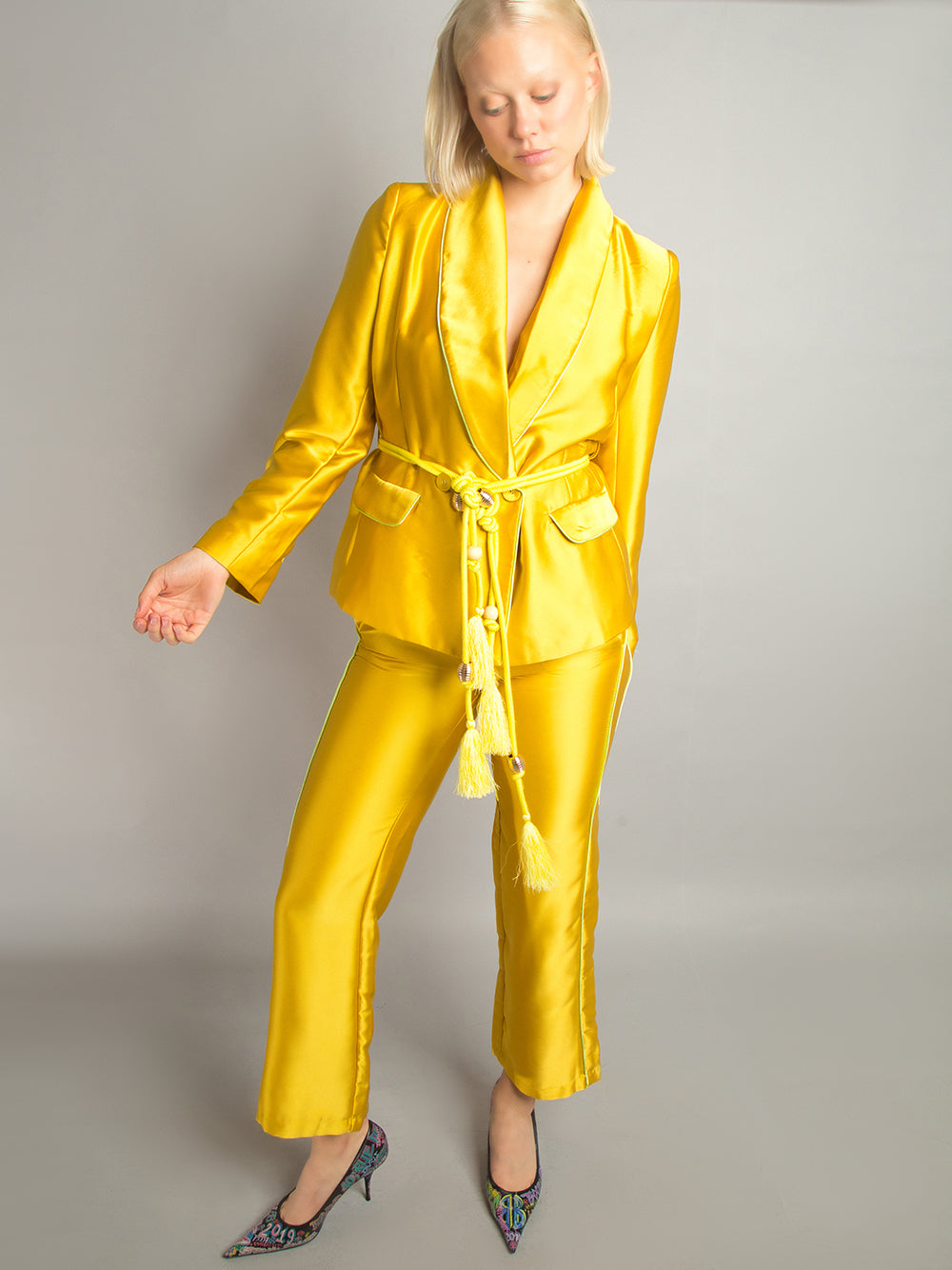 Gold Shawl Lapel Satin Tassel Belt Blazer Pants Set 5