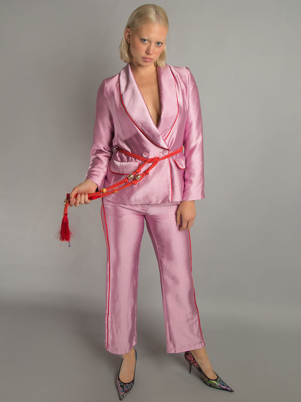 Pink Shawl Lapel Contrast Piping Satin Blazer Pants Set 4