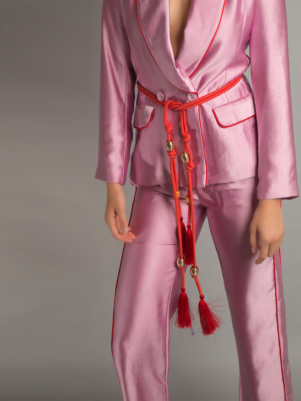 Pink Shawl Lapel Contrast Piping Satin Blazer Pants Set 7