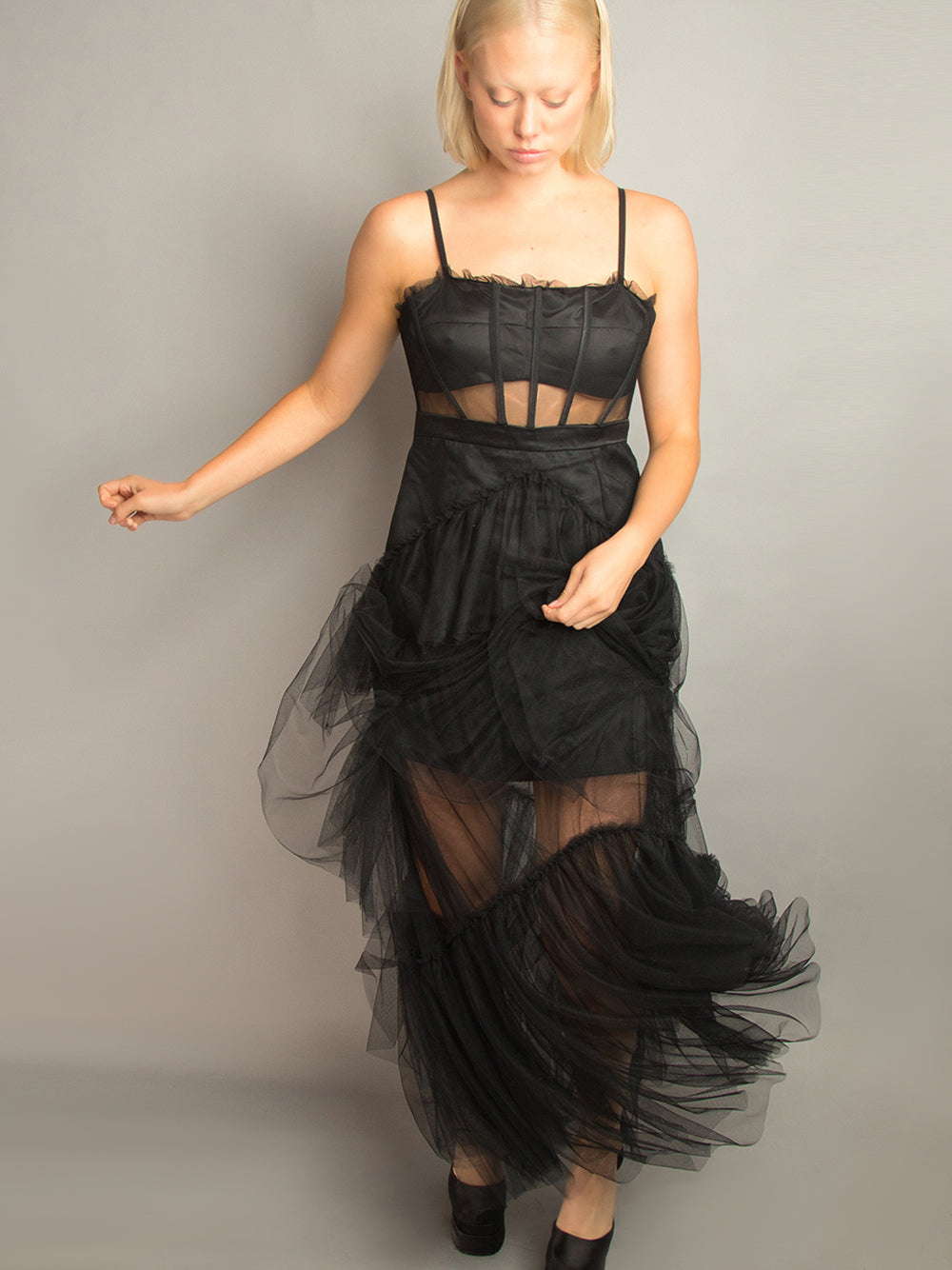Spaghetti Strap Corset Sheer Tulle Tiered Ruffle Maxi Dress