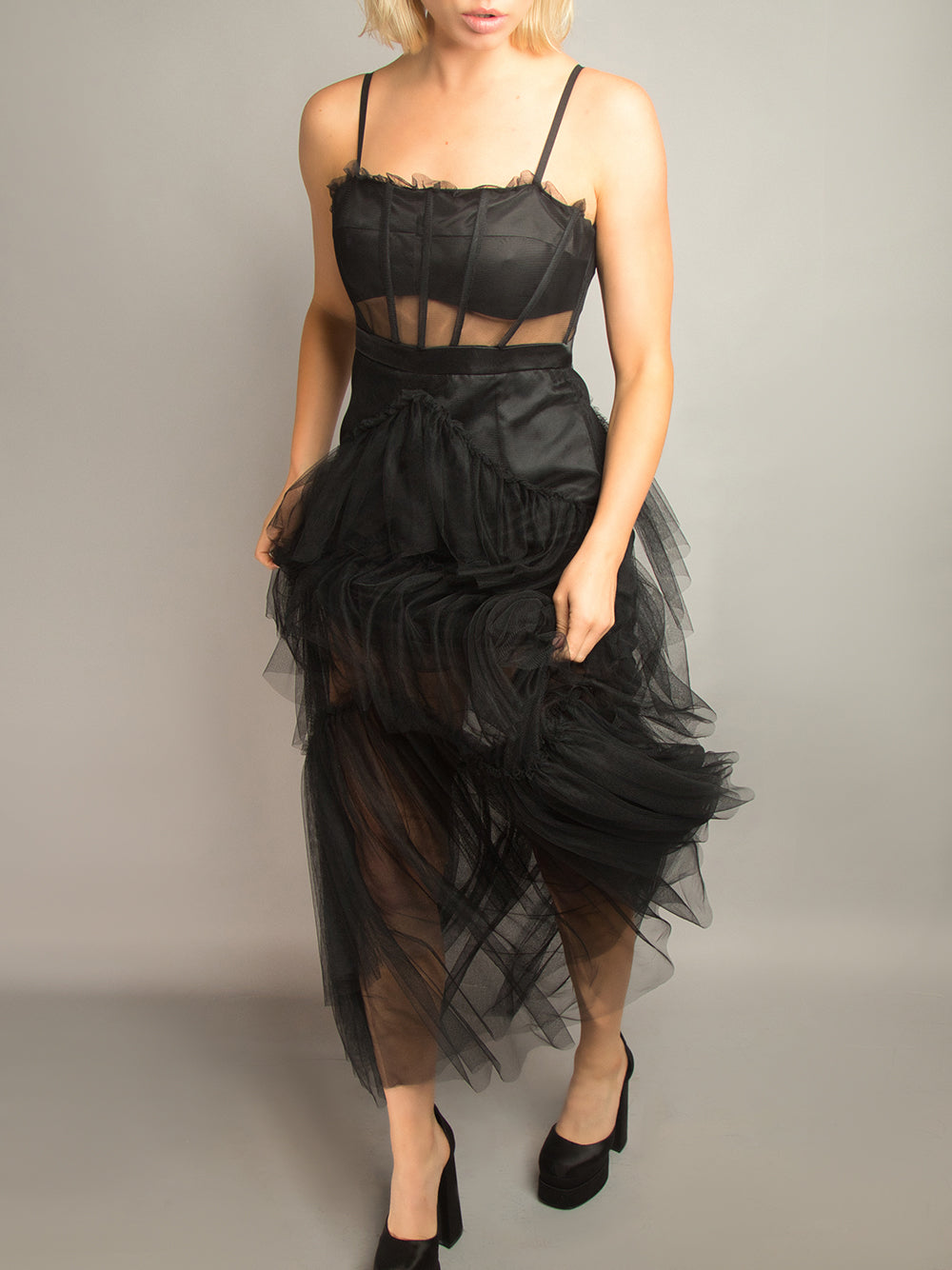 Spaghetti Strap Corset Sheer Tulle Tiered Ruffle Maxi Dress
