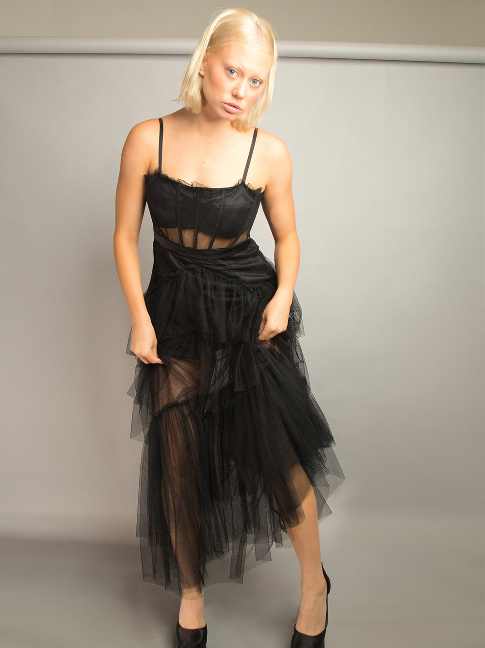 Spaghetti Strap Corset Sheer Tulle Tiered Ruffle Maxi Dress