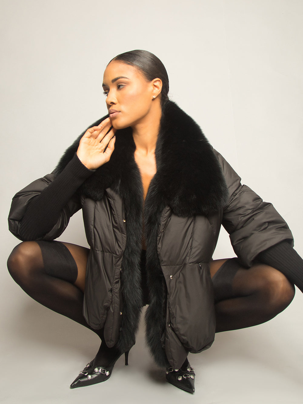 Black Fur Shawl Collar Knit Cuff Puffer Jacket