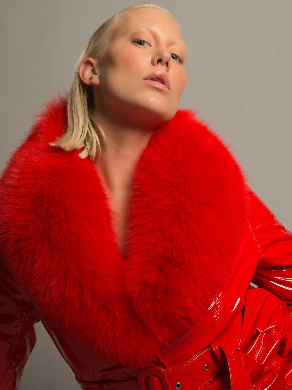 Red Fur Collar Patent Leather Belted Button Front Long Coat 17