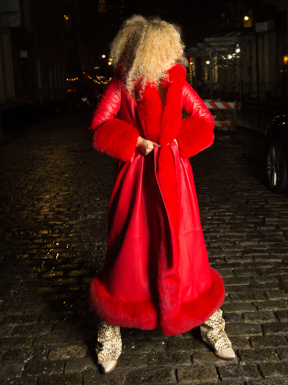 Red Faux Fur Trim Belted Leather Maxi Coat
