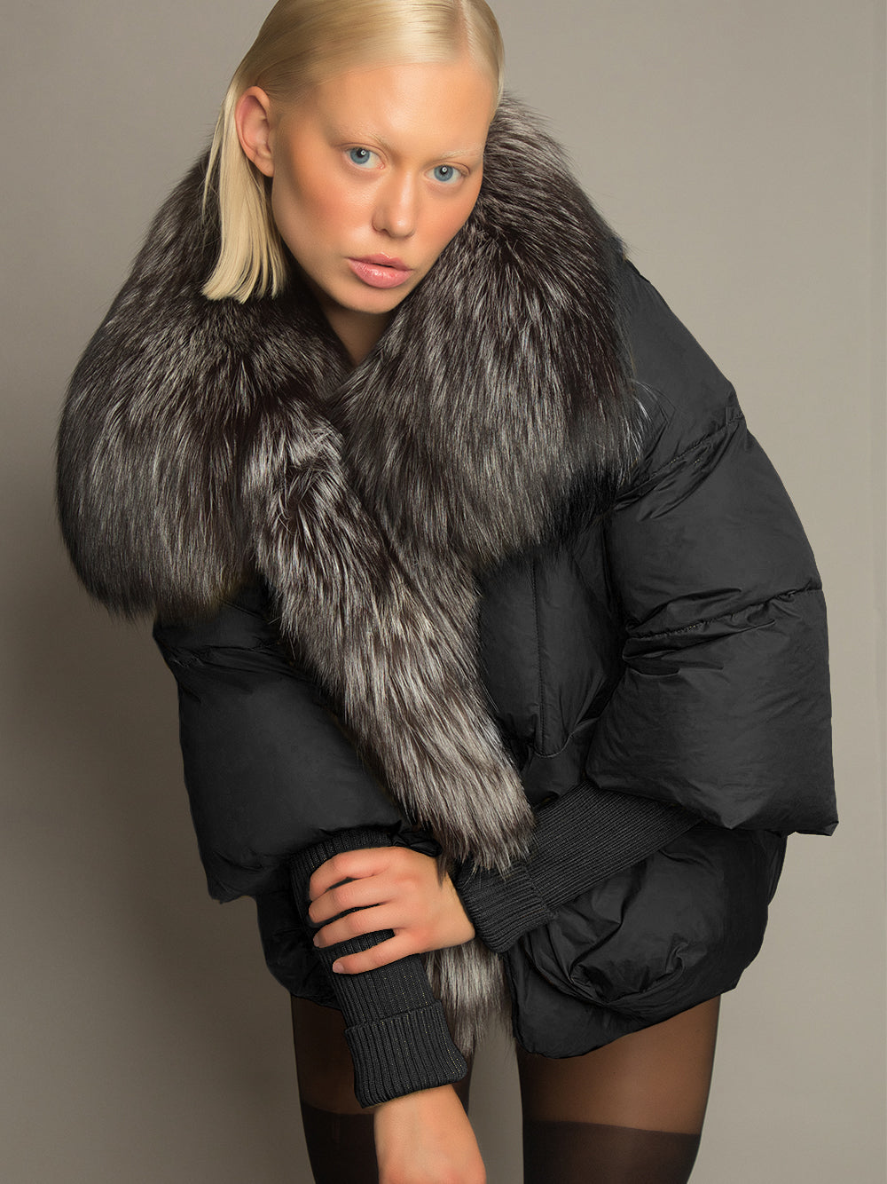 Black Gray Fur Collar Ribbed Cuff Oversized Puffer Jacket