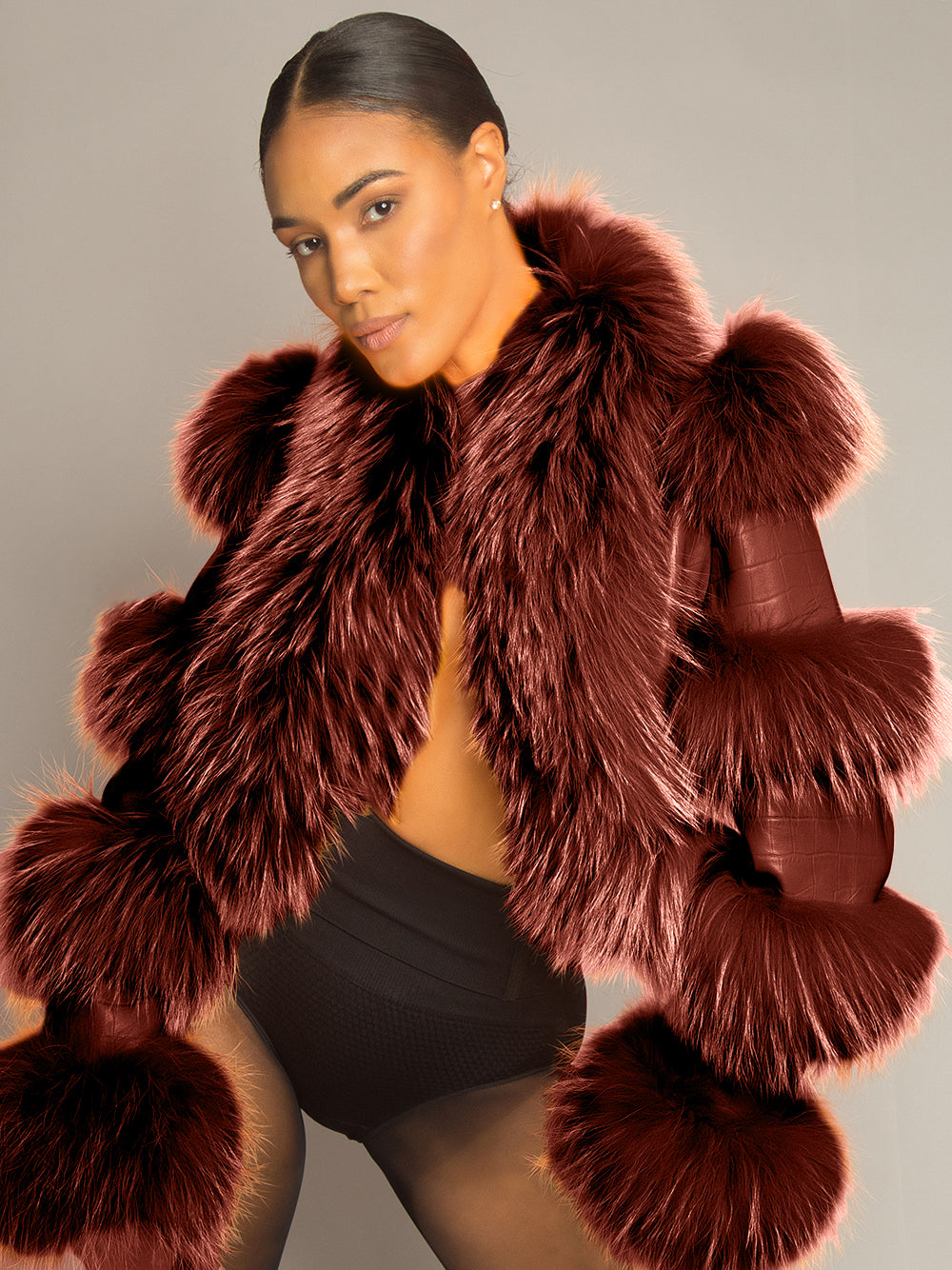 Brown Fur Trim Croc Leather Cropped Jacket