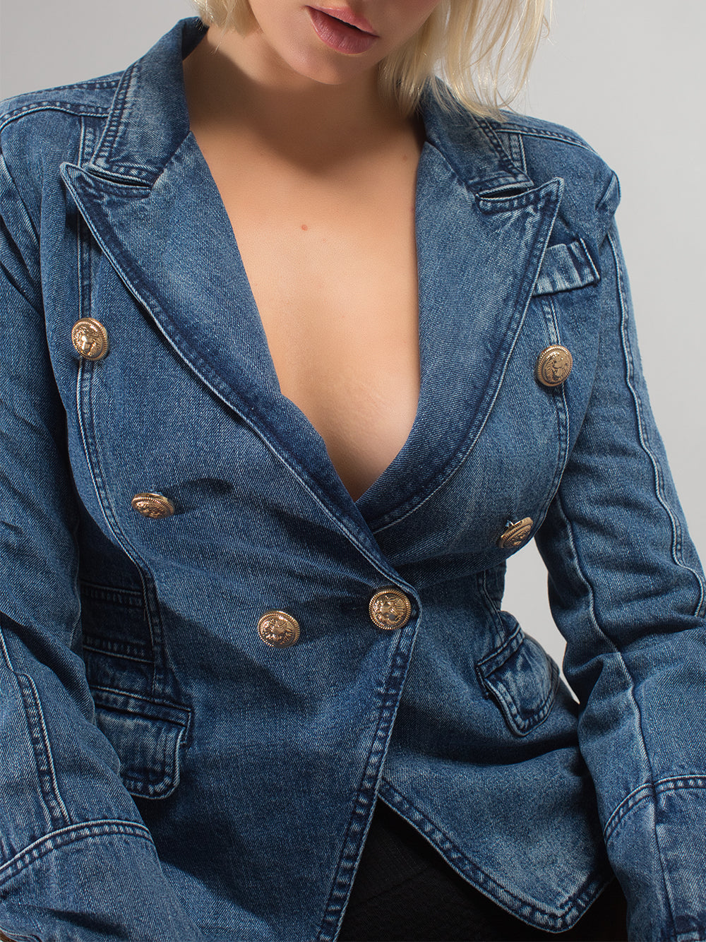Denim Peak Lapel Double-Breasted Gold Button Denim Blazer