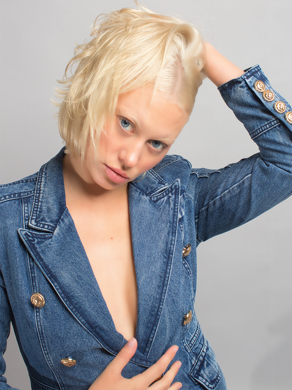 Denim Peak Lapel Double-Breasted Gold Button Denim Blazer