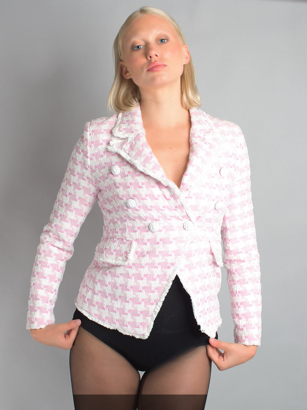 Pink Shawl Collar Double Breasted Houndstooth Tweed Blazer 7