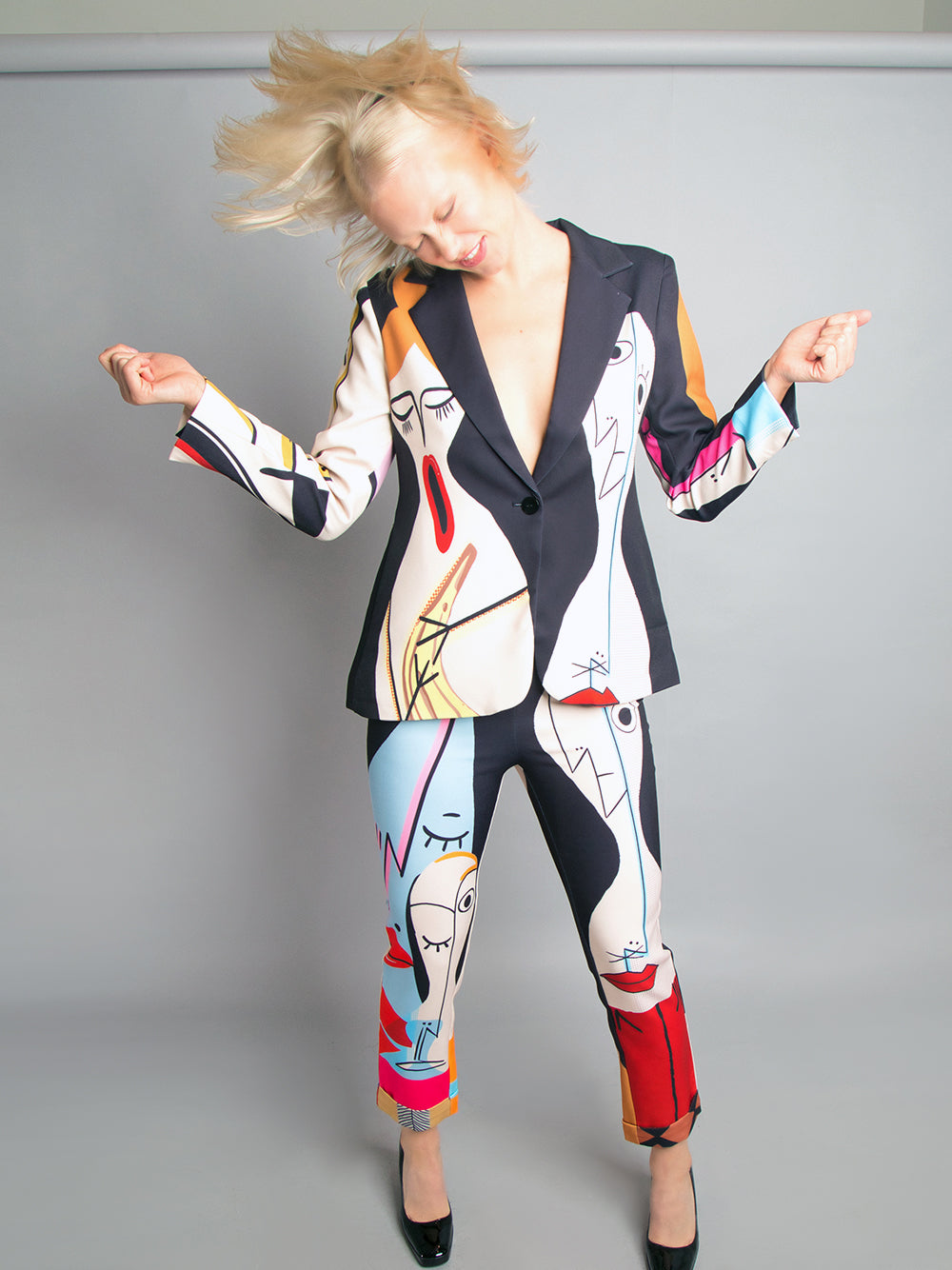 Black Abstract Art Print Blazer And Pants Matching Set