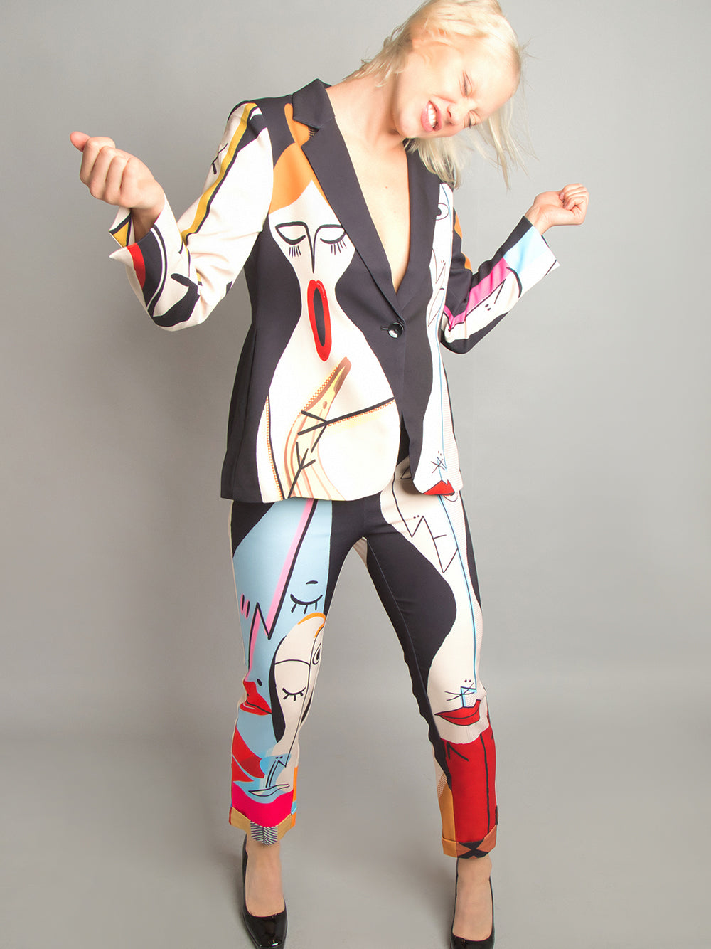 Black Abstract Art Print Blazer And Pants Matching Set