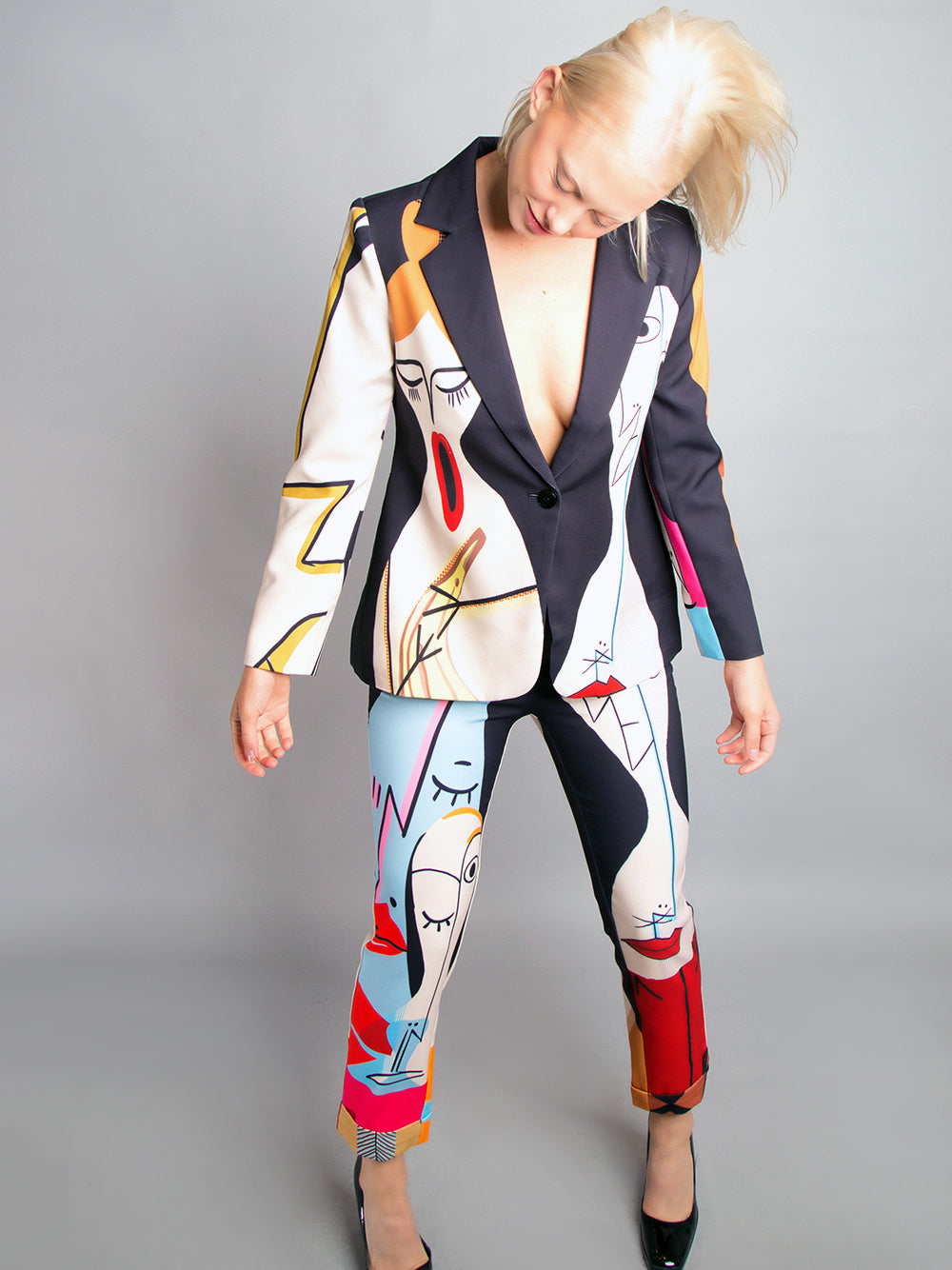 Black Abstract Art Print Blazer And Pants Matching Set