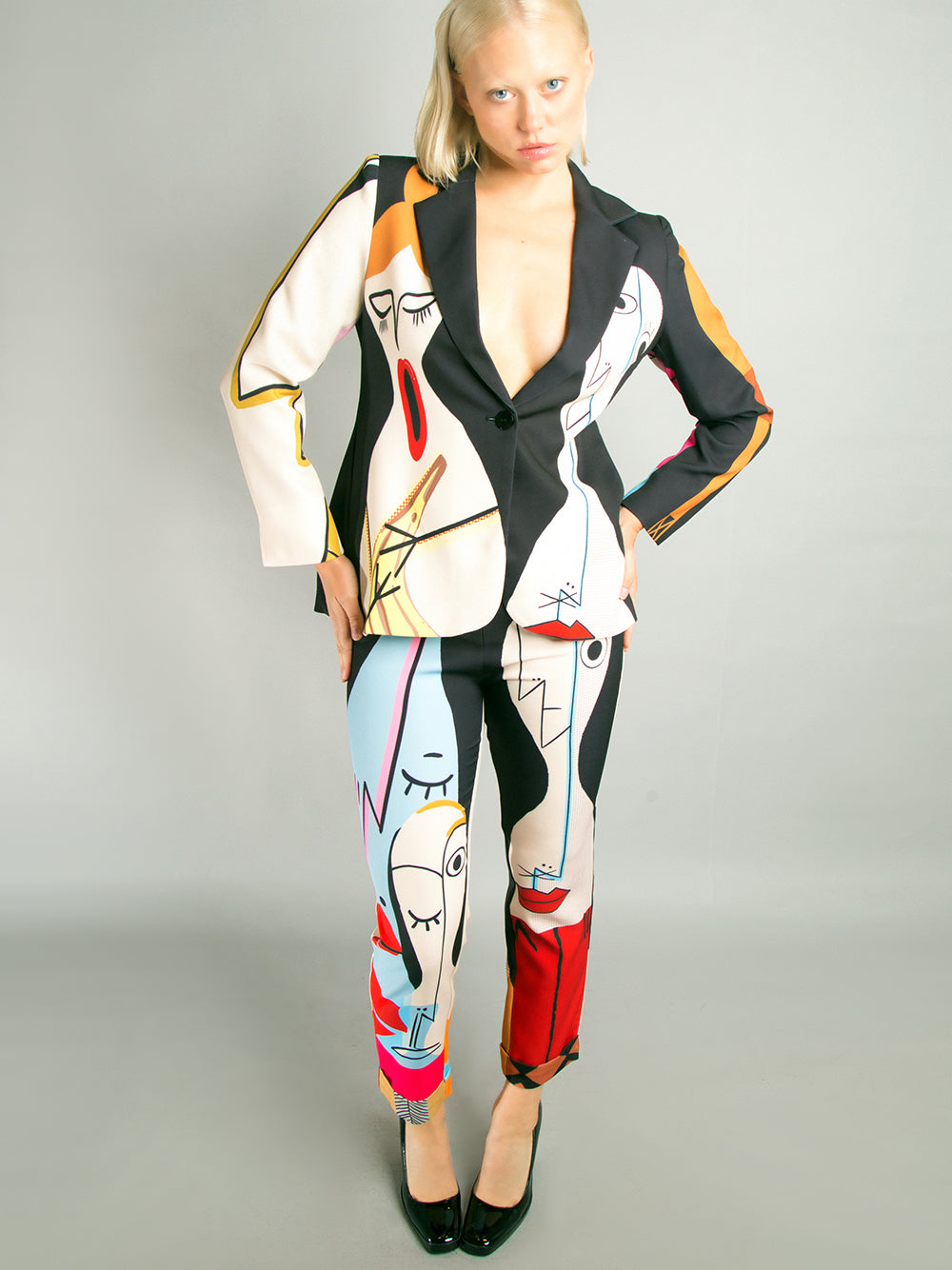 Black Abstract Art Print Blazer And Pants Matching Set