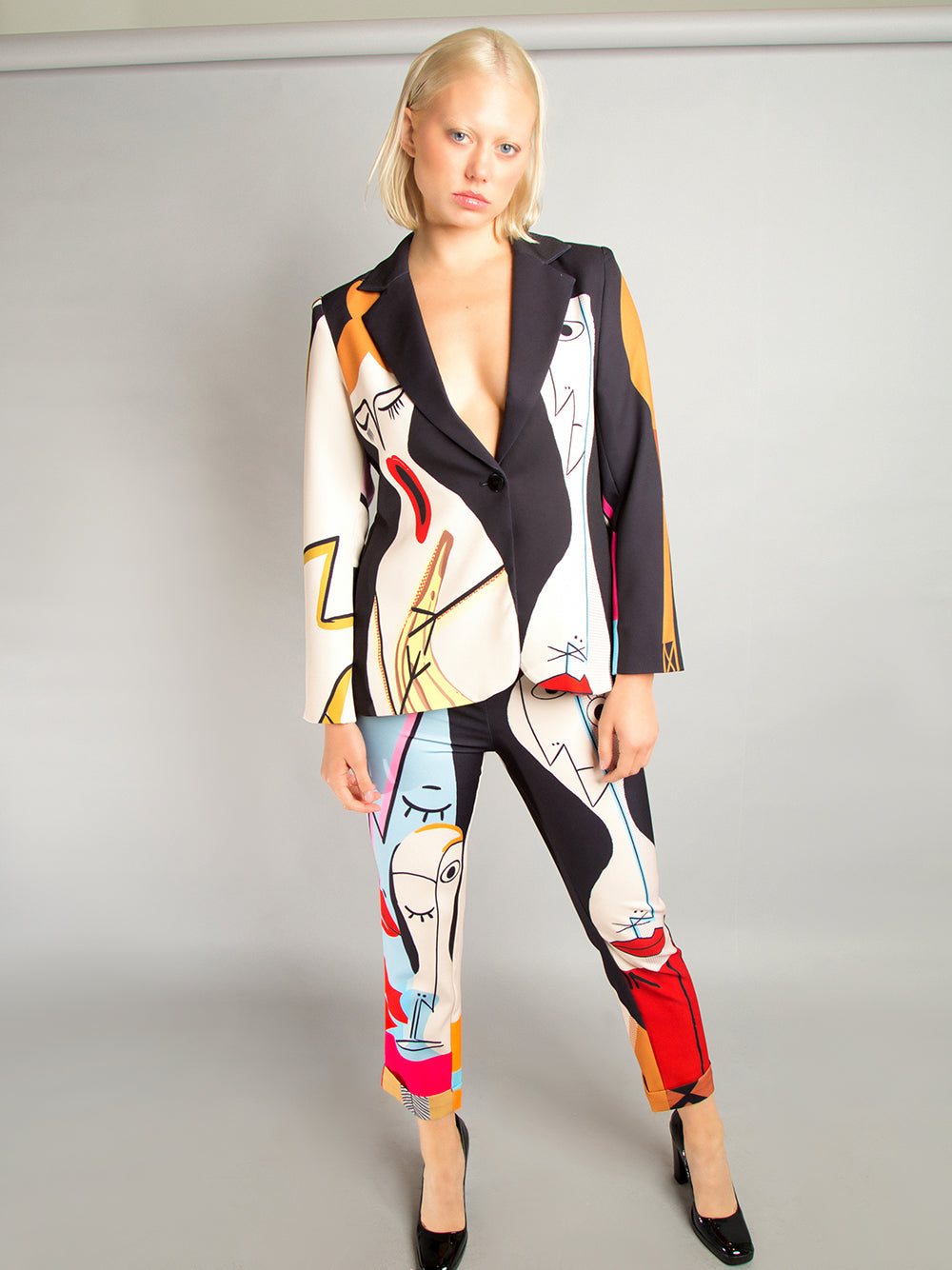 Black Abstract Art Print Blazer And Pants Matching Set