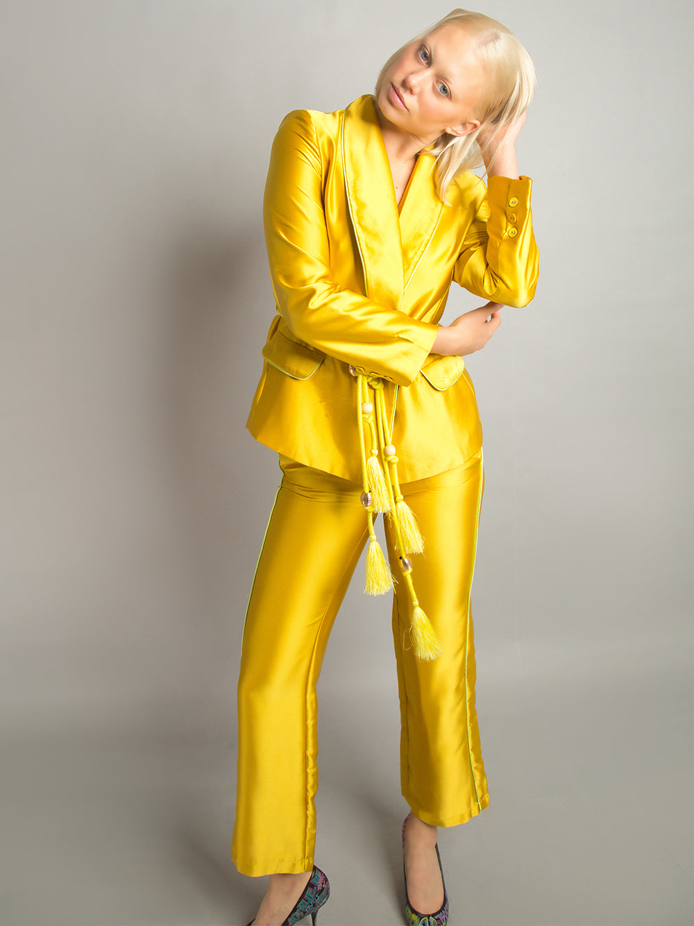 Gold Shawl Lapel Satin Tassel Belt Blazer Pants Set 3