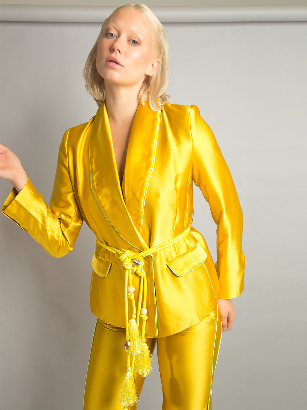 Gold Shawl Lapel Satin Tassel Belt Blazer Pants Set 6