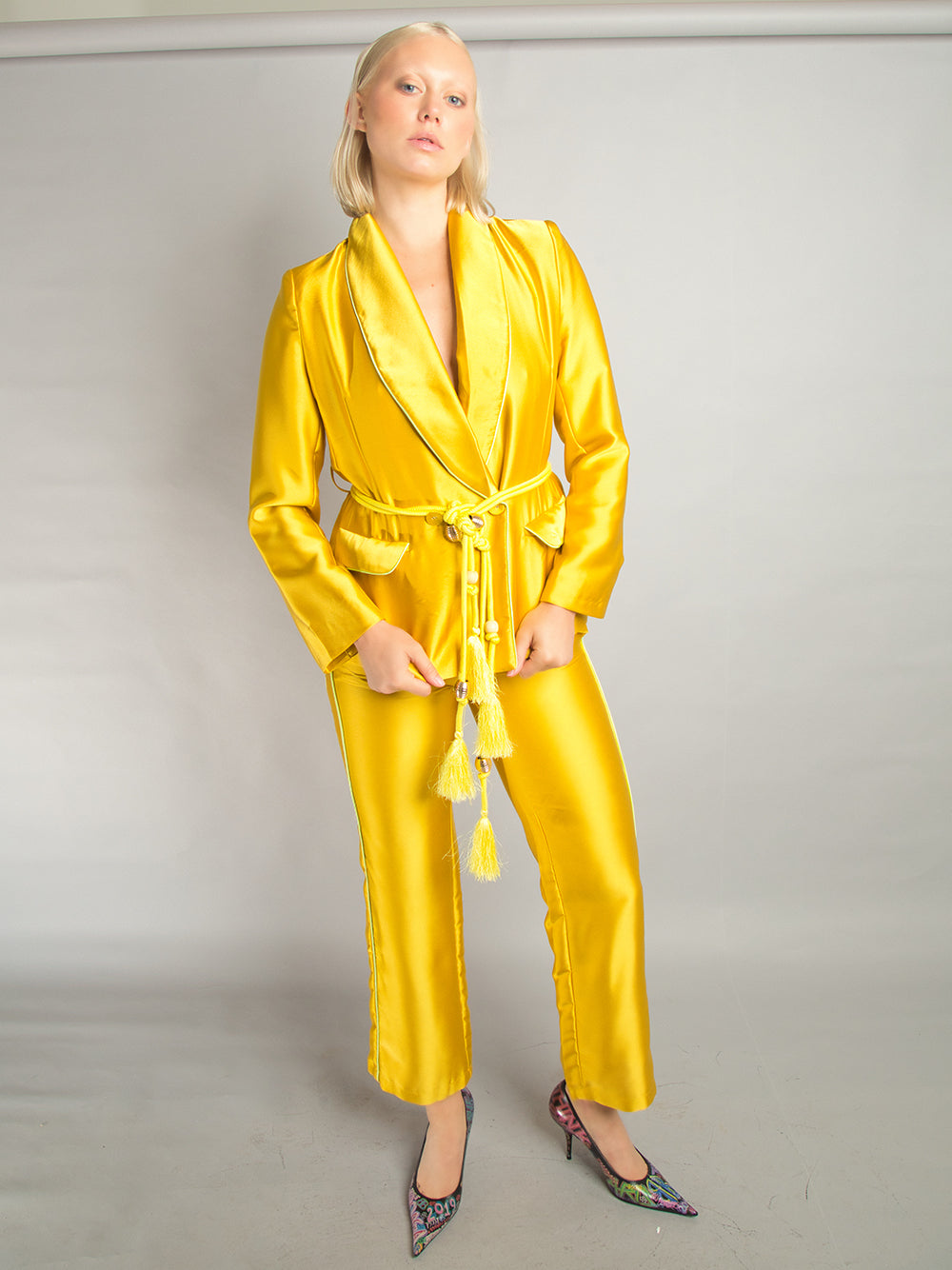 Gold Shawl Lapel Satin Tassel Belt Blazer Pants Set 2