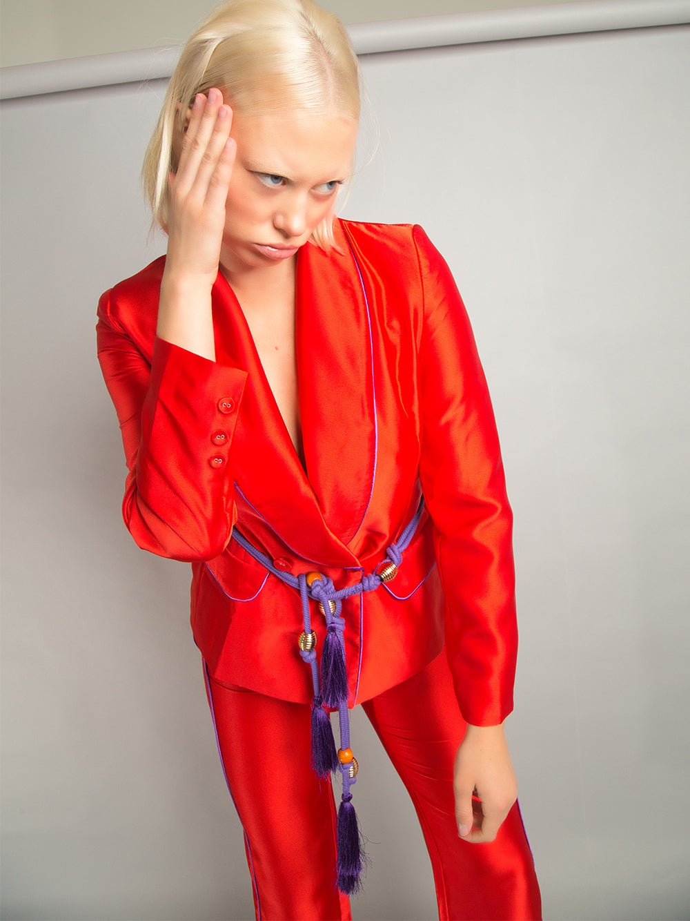 Red Shawl Collar Satin Contrast Piping Tassel Belt Blazer Pants Set 2
