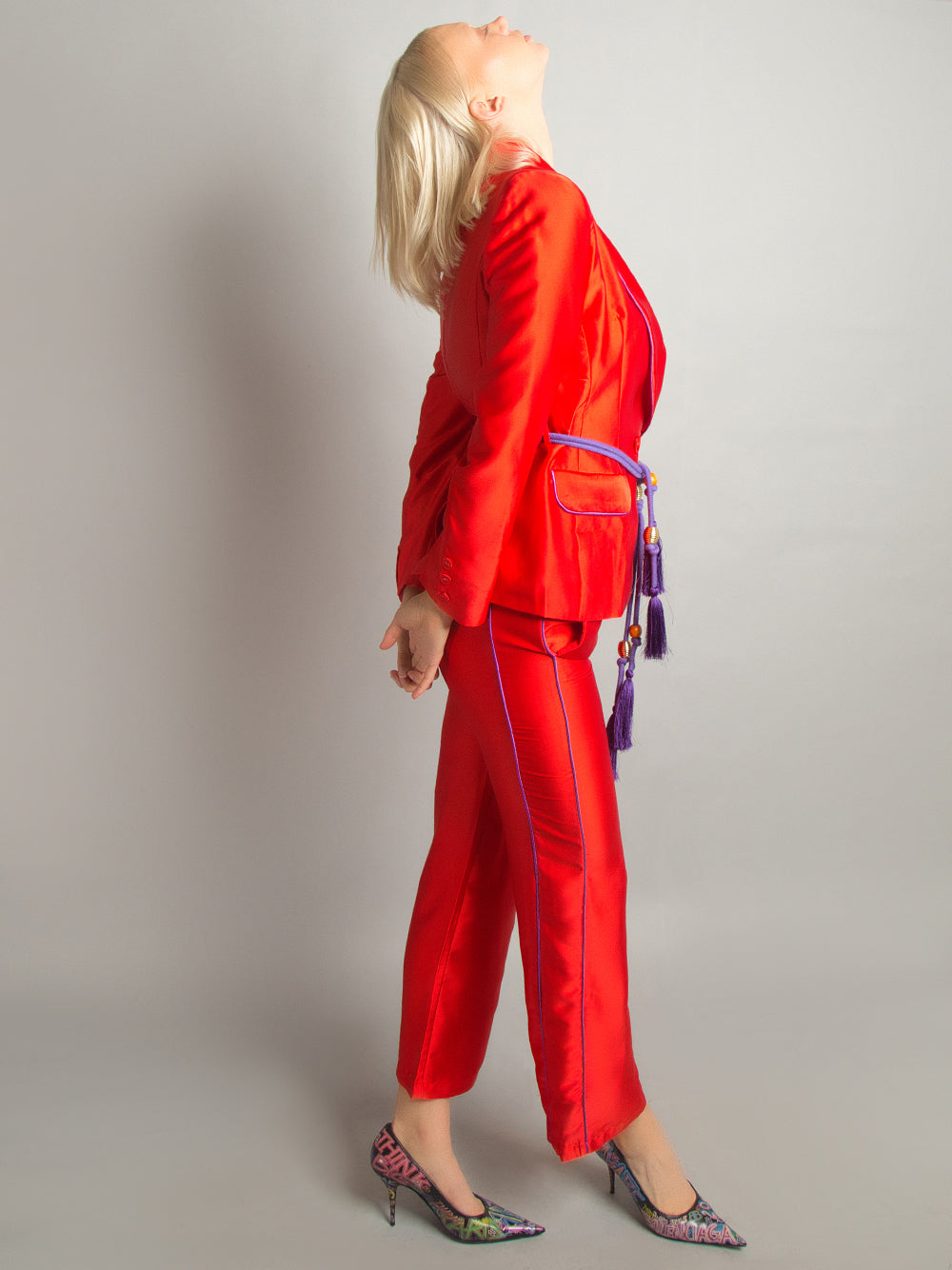 Red Shawl Collar Satin Contrast Piping Tassel Belt Blazer Pants Set 4