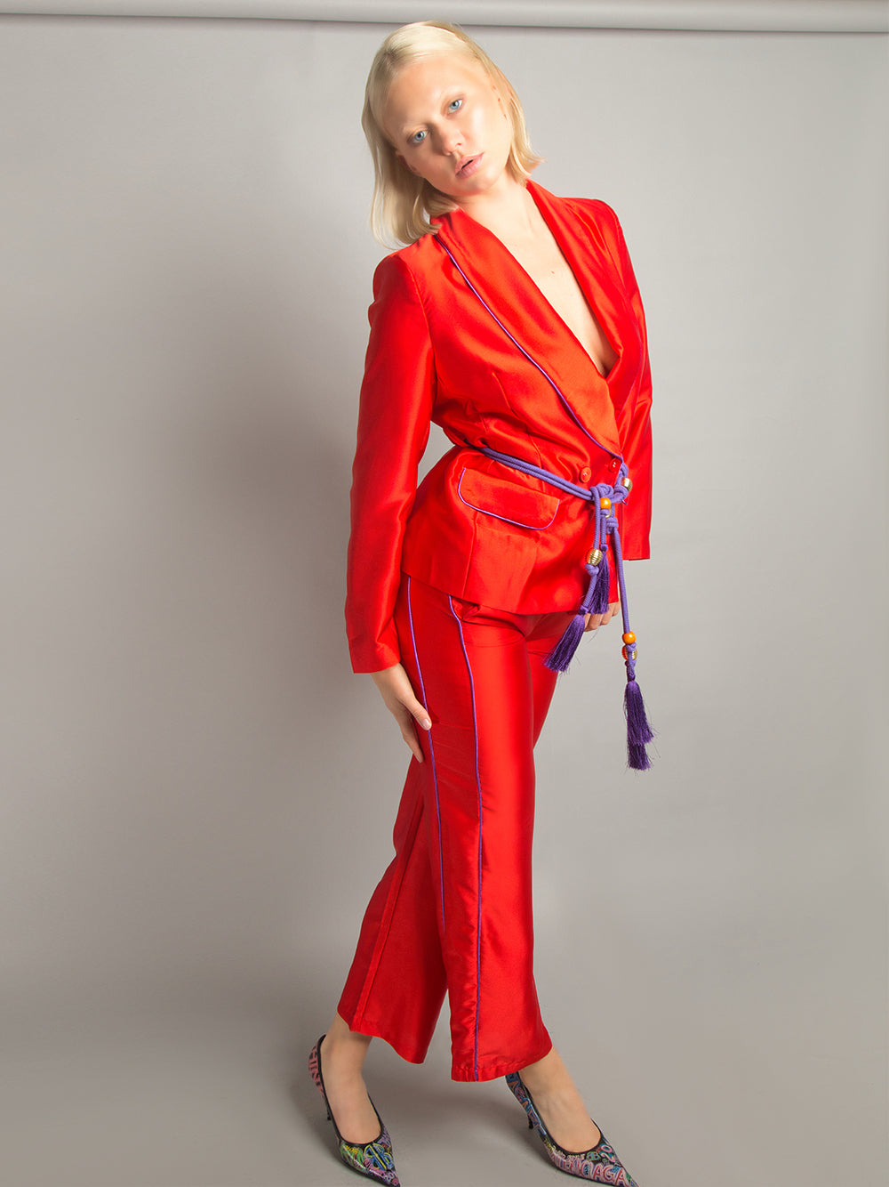 Red Shawl Collar Satin Contrast Piping Tassel Belt Blazer Pants Set 5