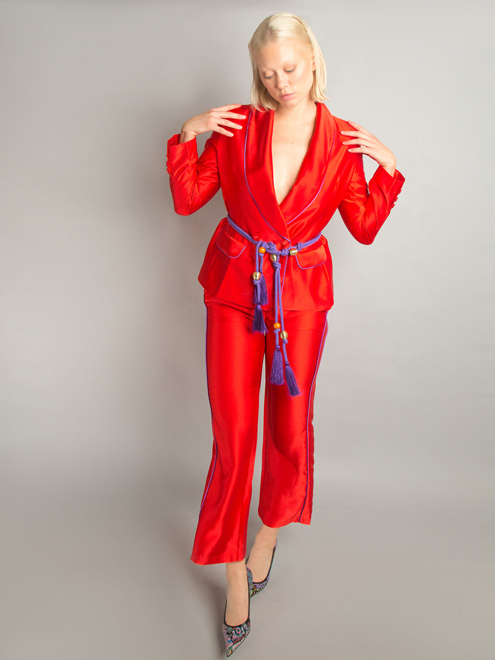 Red Shawl Collar Satin Contrast Piping Tassel Belt Blazer Pants Set 7