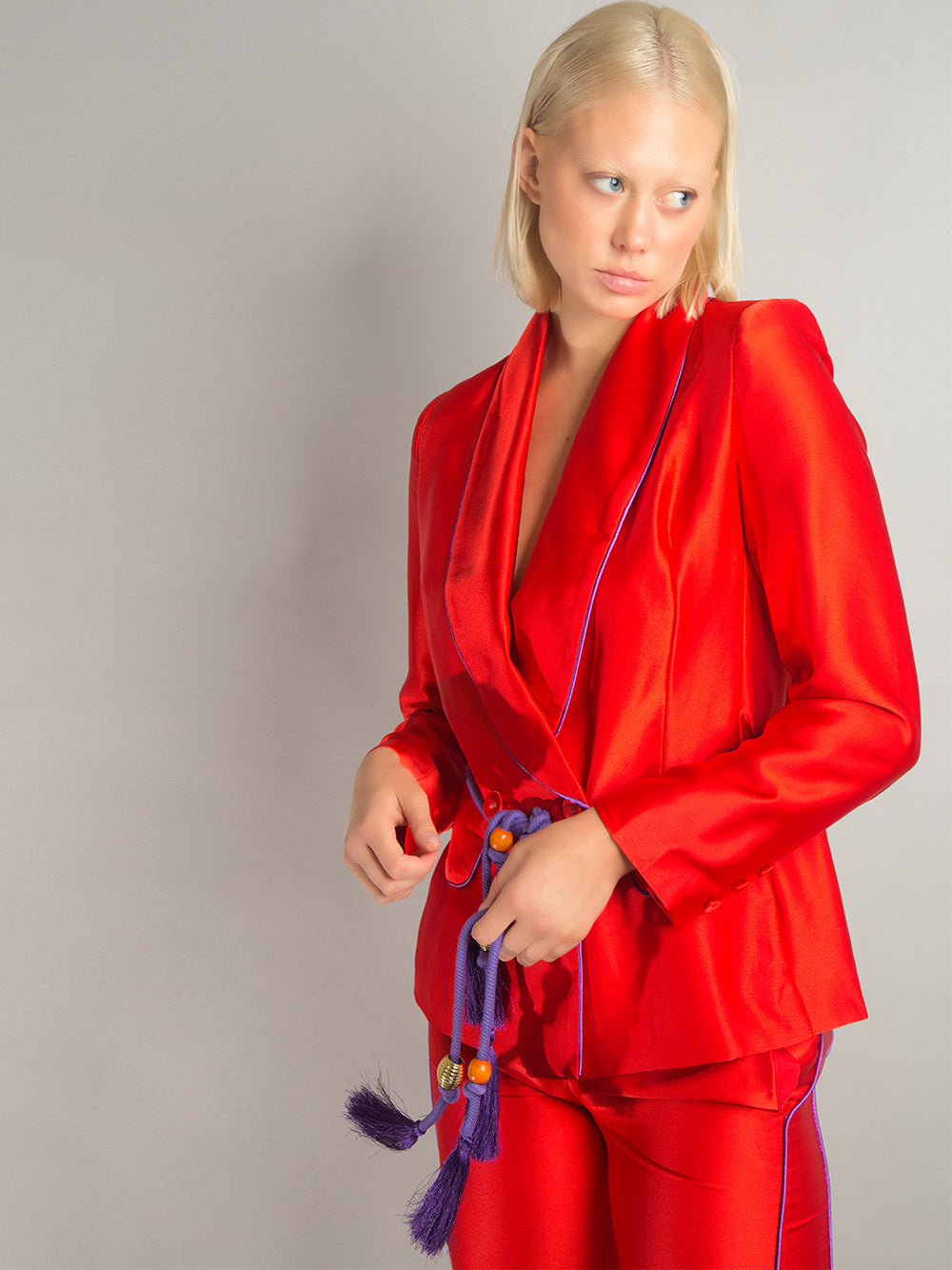 Red Shawl Collar Satin Contrast Piping Tassel Belt Blazer Pants Set 6