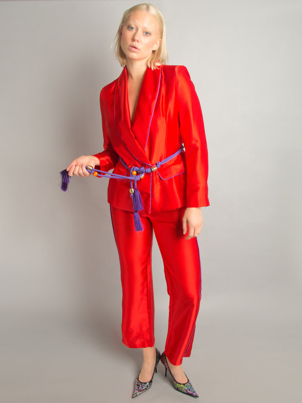 Red Shawl Collar Satin Contrast Piping Tassel Belt Blazer Pants Set 3