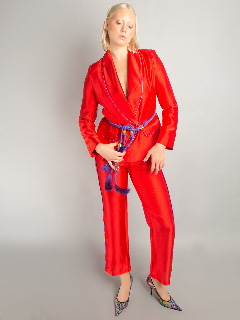 Red Shawl Collar Satin Contrast Piping Tassel Belt Blazer Pants Set