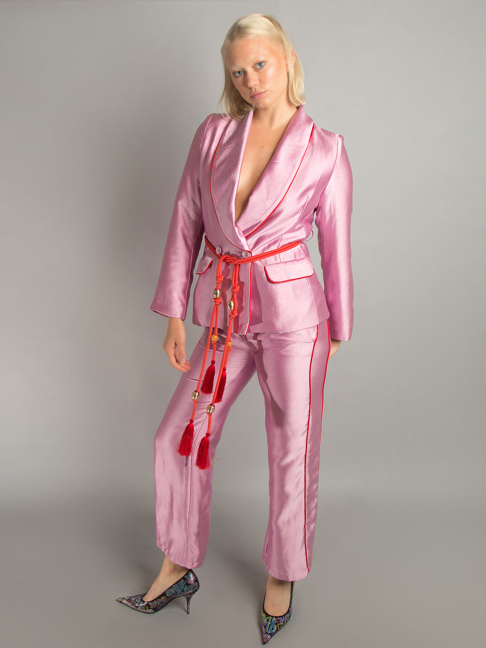 Pink Shawl Lapel Contrast Piping Satin Blazer Pants Set 3