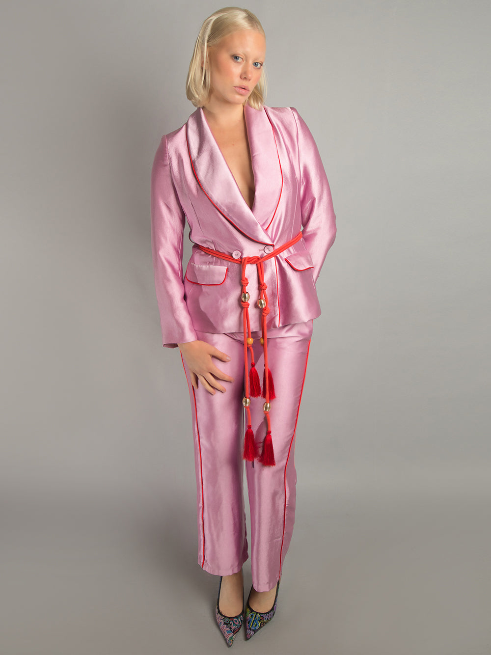 Pink Shawl Lapel Contrast Piping Satin Blazer Pants Set 6