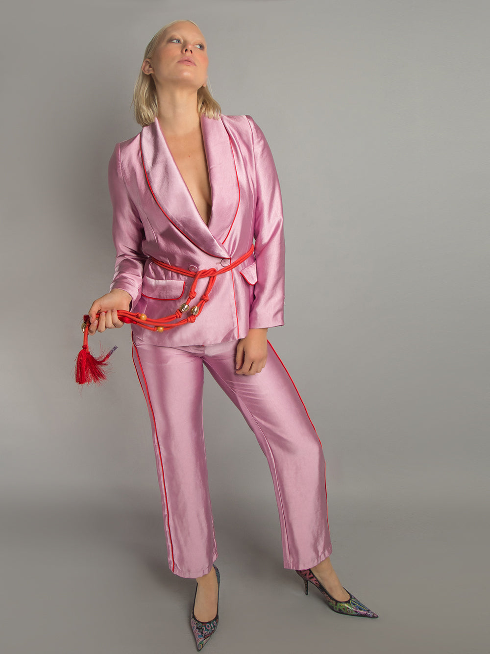 Pink Shawl Lapel Contrast Piping Satin Blazer Pants Set 2