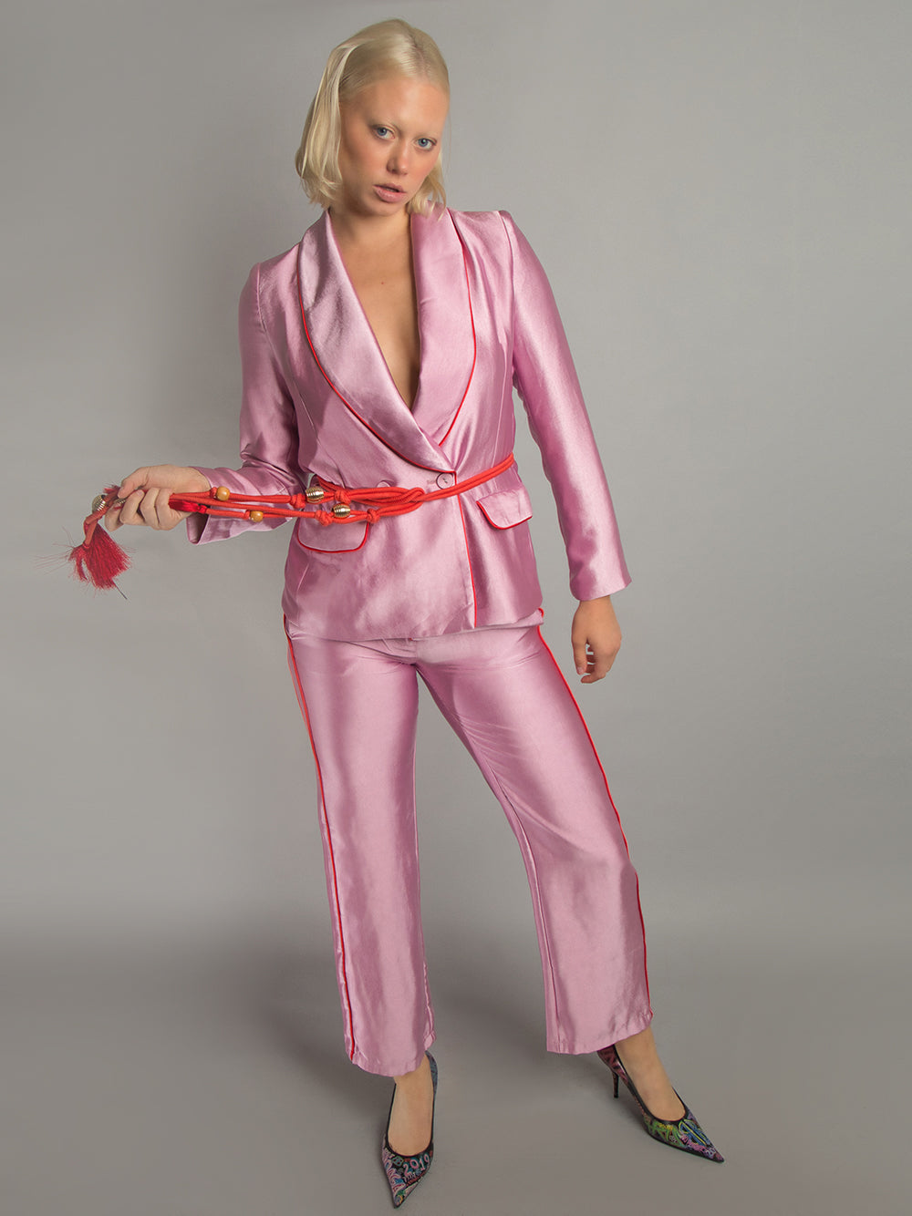Pink Shawl Lapel Contrast Piping Satin Blazer Pants Set 8