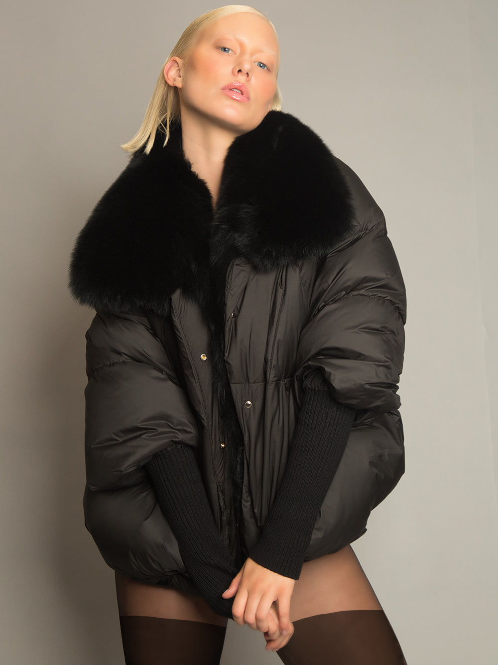 Black Fur Shawl Collar Knit Cuff Puffer Jacket