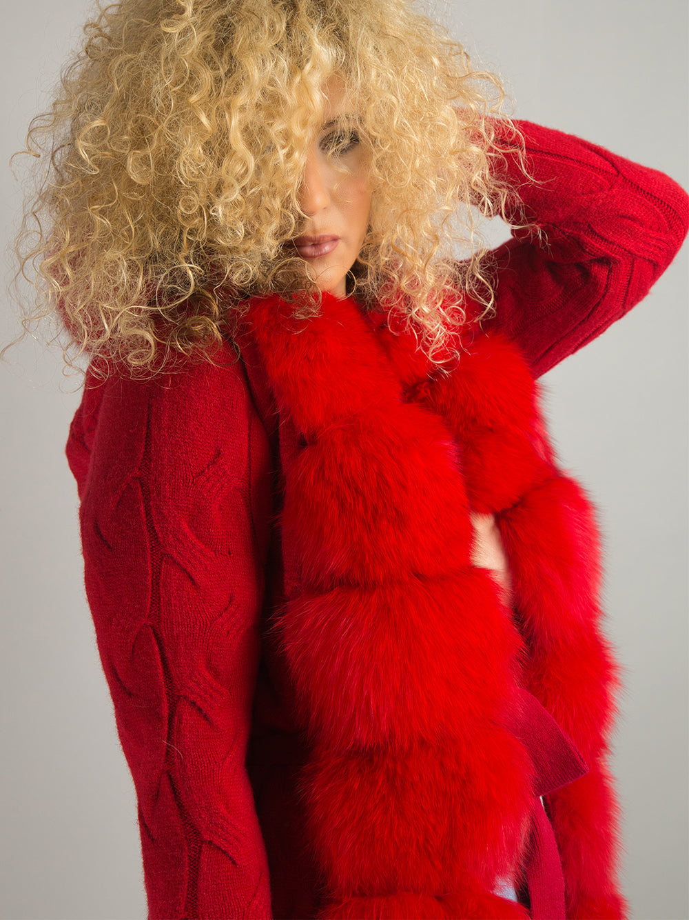 Red Fur Trim Cable Knit Longline Cardigan 11