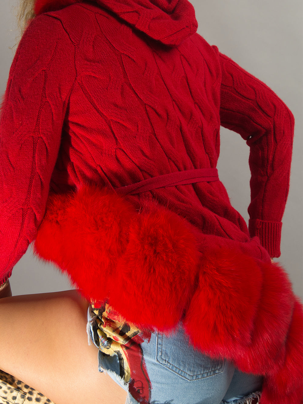 Red Fur Trim Cable Knit Longline Cardigan 8