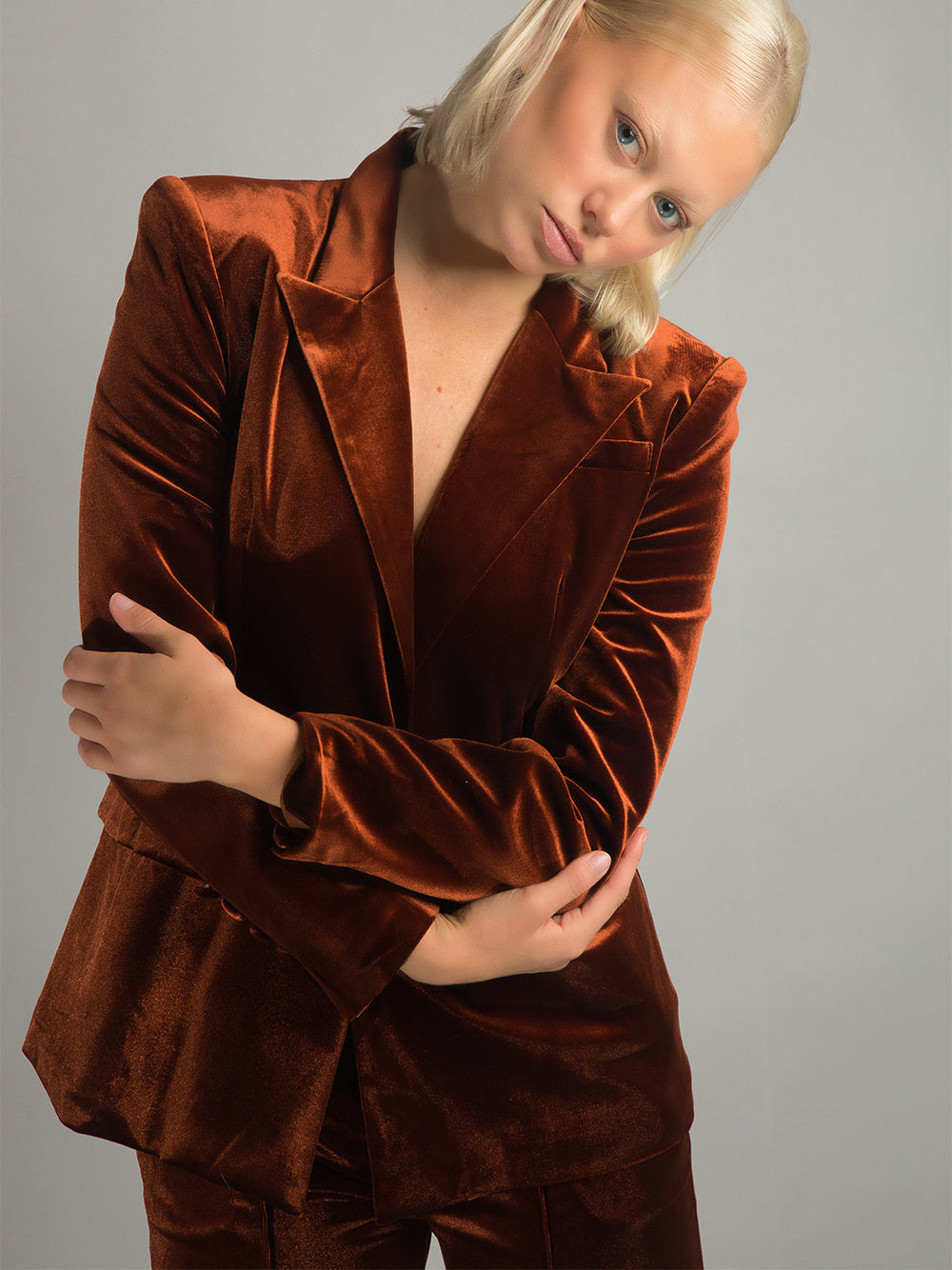 Brown Peak Lapel Velvet Blazer Flared Pants Set