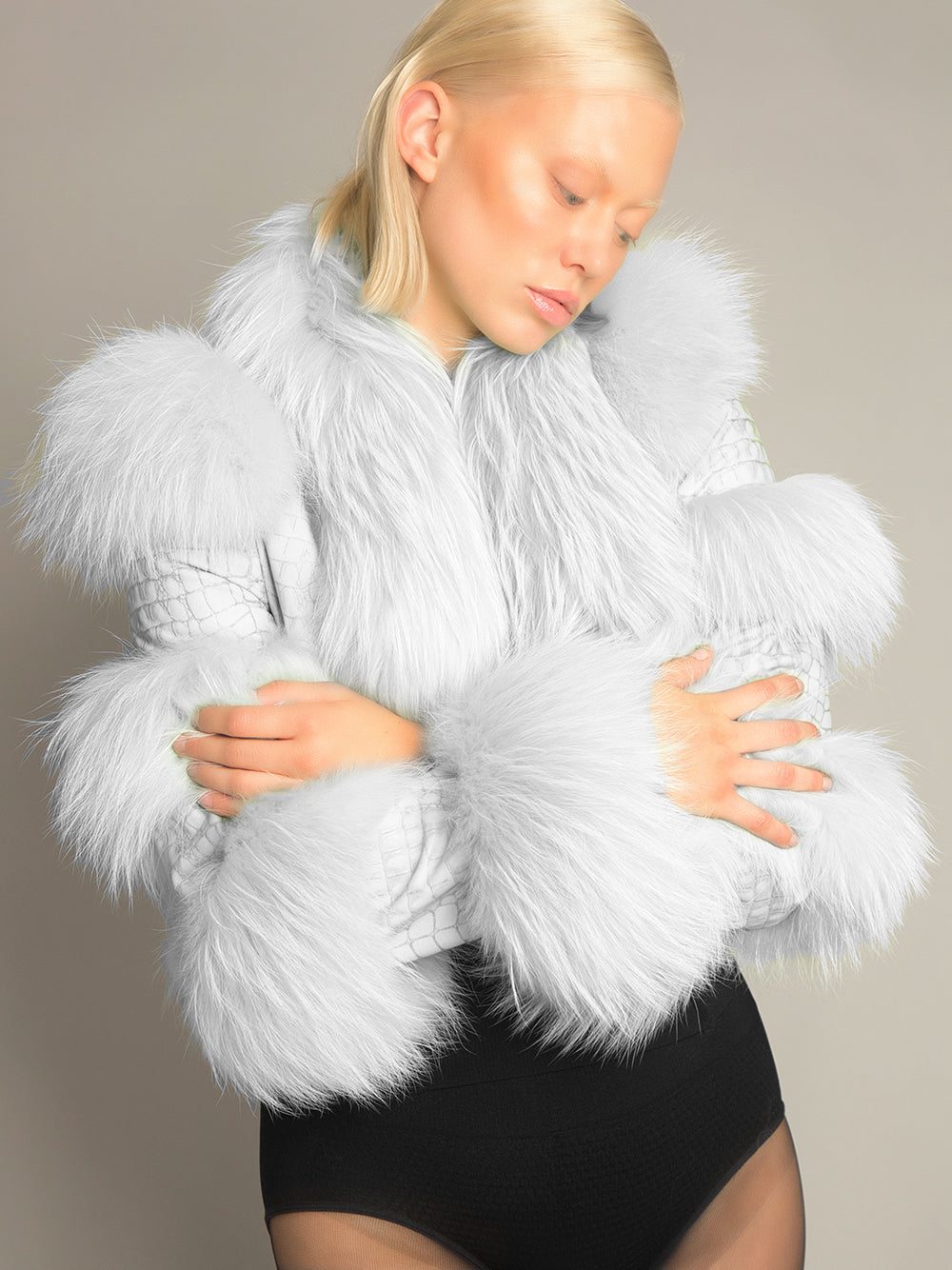 White Faux Fur Trim Croc-Embossed Leather Cropped Jacket 2