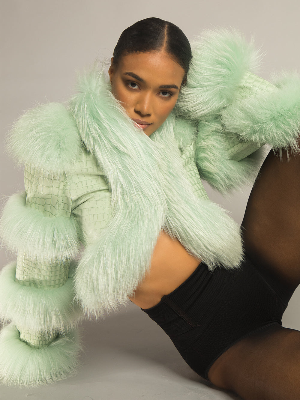 Light Green Faux Fur Trim Croc-Embossed Leather Cropped Jacket