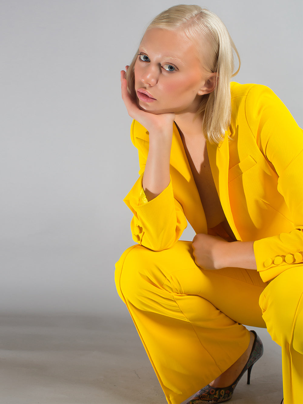 Yellow Notched Lapel Single Button Blazer Flared Pants Set 2